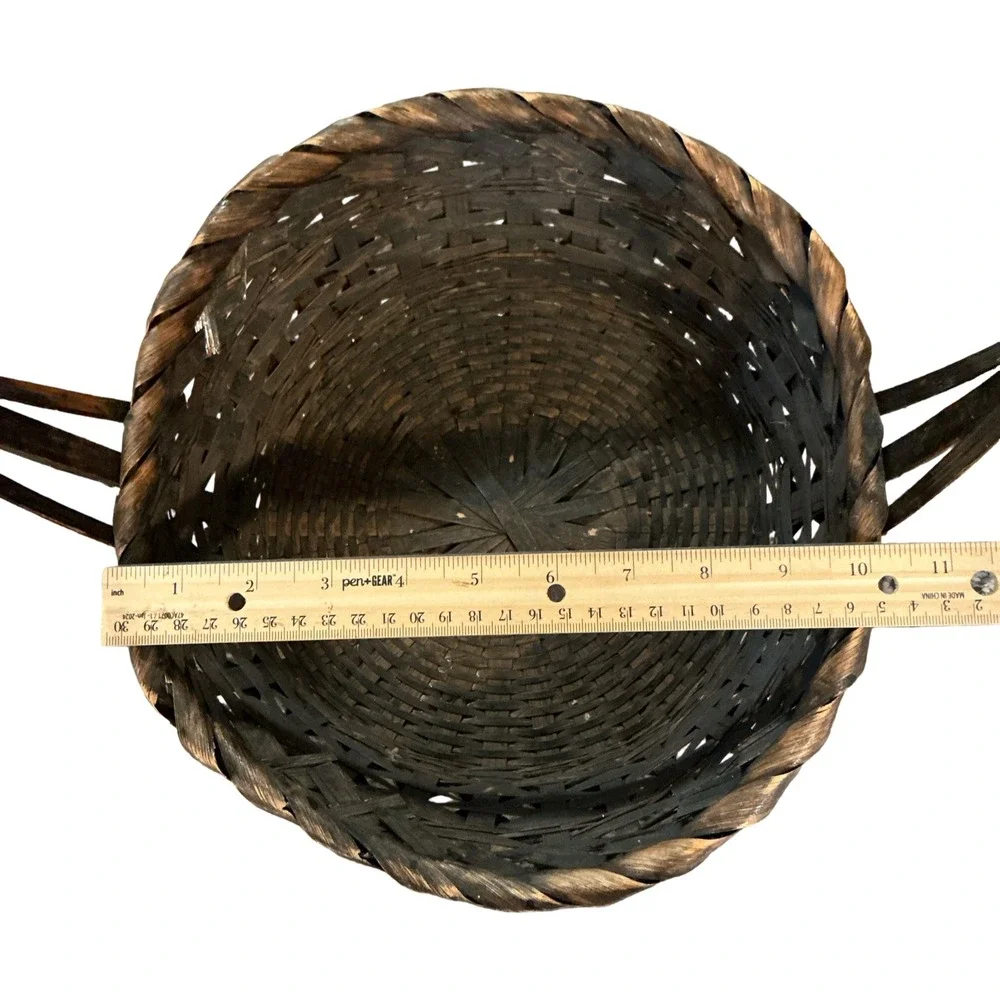 Vintage Dark Brown Wicker Gathering Basket Tall Handle Farmhouse Decor 10.5in